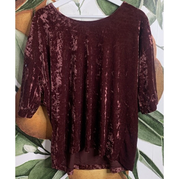 J Jill Medium Velvet Burgundy Embroidered Neckline Short Sleeve Blouse - Picture 6 of 6